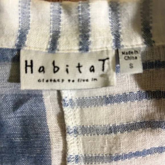 Habitat 100% Linen Blue and White Striped Shirt Button Down 3/4 Sleeves Sz S - Picture 4 of 8